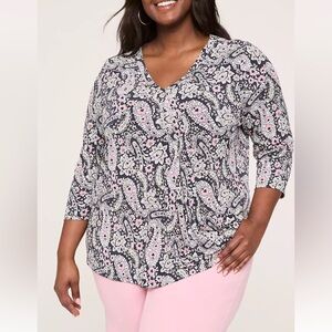 Plus Size V-Neck Paisley Print Top in Blue and Pink size 14/16